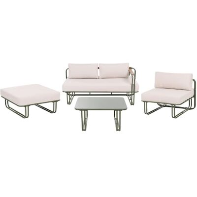 Beliani Lounge Set 4-teilig Metall grün mit Auflagen Hellbeige 2-Sitzer Sofa Sessel Ottomane & Tisch Camerota Beliani Lounge Set 4-teilig Metall grün mit Auflagen Hellbeige 2-Sitzer Sofa Sessel Ottomane & Tisch Camerota