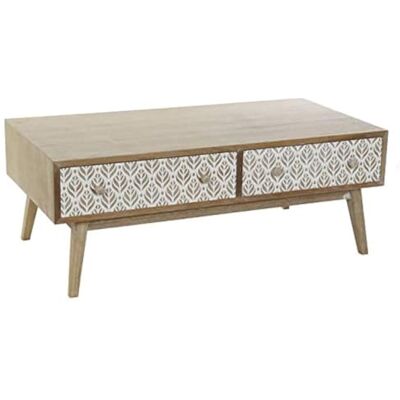 DRW Couchtisch mit 2 Schubladen aus Paulownia mit natürlichen Blättern, 120 x 64 x 45 cm DRW Couchtisch mit 2 Schubladen aus Paulownia mit natürlichen Blättern, 120 x 64 x 45 cm