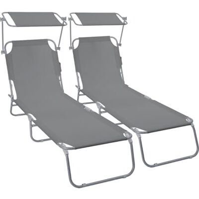 VOUNOT ® 2er Set Sonnenliege Klappbar, Gartenliege mit Dach und 4-Fach Verstellbarer Rückenlehne, Leichte Strandliege für Garten, Terrasse, Camping, Pool & Strand, Grau VOUNOT ® 2er Set Sonnenliege Klappbar, Gartenliege mit Dach und 4-Fach Verstellbarer Rückenlehne, Leichte Strandliege für Garten, Terrasse, Camping, Pool & Strand, Grau
