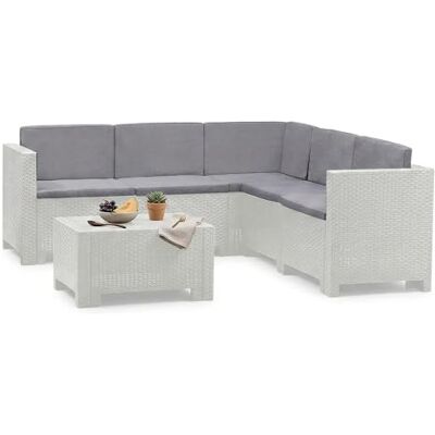 Dmora Loungeset für draußen Encelado, Outdoor-Lounge mit Couchtisch, Terrassenset mit Kissen, Gartenkomposition mit Sofa und Sesseln, Made in Italy, Weiß Dmora Loungeset für draußen Encelado, Outdoor-Lounge mit Couchtisch, Terrassenset mit Kissen, Gartenkomposition mit Sofa und Sesseln, Made in Italy, Weiß