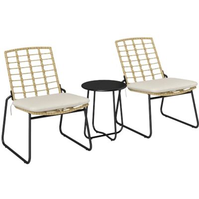 Outsunny Rattan Gartenmöbel Set für 2 Personen 3-Teilig Beige & Braun Balkonmöbel Set, Outdoor Sitzgruppe, 2 Stapelbar Stühle, Tisch, Kissen, Wetterfest, Garten Lounge, für Terrasse Balkon Outsunny Rattan Gartenmöbel Set für 2 Personen 3-Teilig Beige & Braun Balkonmöbel Set, Outdoor Sitzgruppe, 2 Stapelbar Stühle, Tisch, Kissen, Wetterfest, Garten Lounge, für Terrasse Balkon