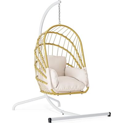YITAHOME Hängesessel mit Ständer, Rattan-Korb Schaukelstuhl mit strapazierfähiger Polsterung, 160 kg Tragfähigkeit, Klappbarer Hänge-Korbstuhl für Terrasse, Garten, Schlafzimmer, Balkon (Hellbeige) YITAHOME Hängesessel mit Ständer, Rattan-Korb Schaukelstuhl mit strapazierfähiger Polsterung, 160 kg Tragfähigkeit, Klappbarer Hänge-Korbstuhl für Terrasse, Garten, Schlafzimmer, Balkon (Hellbeige)