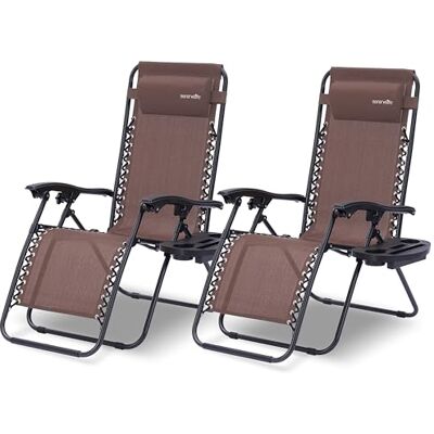 SereneLife Sonnenliege Klappbar 2er Set, Zero Gravity Liegestuhl Garten, bis 120 kg Braun, Verstellbar und Wetterfest, mit Tisch Getränkehalter und Kopfkissen, für Balkon Terrasse Camping Strand Relax SereneLife Sonnenliege Klappbar 2er Set, Zero Gravity Liegestuhl Garten, bis 120 kg Braun, Verstellbar und Wetterfest, mit Tisch Getränkehalter und Kopfkissen, für Balkon Terrasse Camping Strand Relax