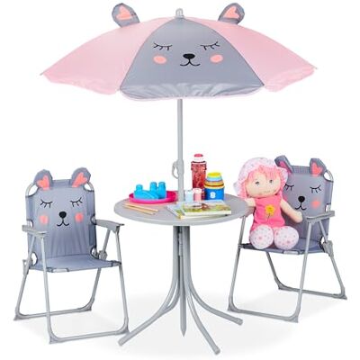 Relaxdays Camping Kindersitzgruppe, Maus Motiv, Kindersitzgarnitur mit Sonnenschirm, Klappstühlen & Tisch, Garten, grau Relaxdays Camping Kindersitzgruppe, Maus Motiv, Kindersitzgarnitur mit Sonnenschirm, Klappstühlen & Tisch, Garten, grau