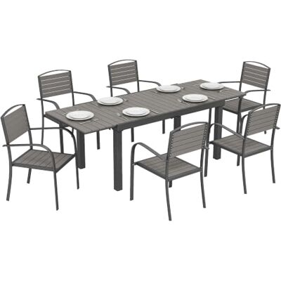 Outsunny Gartenmöbel Set 7-Teilig Ausziehbar 6 Stapelbaren Stühlen Grau Sitzgruppe, Tisch, Holzoptik Lamellendesign, Aluminiumrahmen, Wetterfest, Essgruppe Gartengarnitur Gartenset Outsunny Gartenmöbel Set 7-Teilig Ausziehbar 6 Stapelbaren Stühlen Grau Sitzgruppe, Tisch, Holzoptik Lamellendesign, Aluminiumrahmen, Wetterfest, Essgruppe Gartengarnitur Gartenset