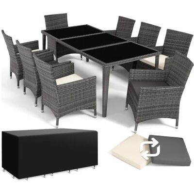 tectake 800104 Aluminium Poly Rattan Essgruppe, 8 Stühle + 1 Esstisch mit Glasplatten, inkl. 2 Bezugssets und Schutzhülle Diverse Farben (Grau Nr. 403084) tectake 800104 Aluminium Poly Rattan Essgruppe, 8 Stühle + 1 Esstisch mit Glasplatten, inkl. 2 Bezugssets und Schutzhülle Diverse Farben (Grau Nr. 403084)