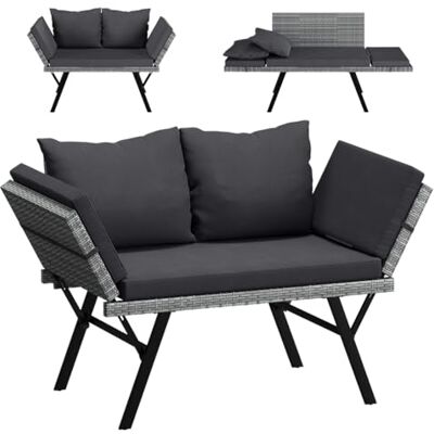 STEELSØN Elytra Rattan Gartenbank Grau mit Auflage, klappbar, wetterfest Loungesofa mit verstellbaren Armlehnen, Sonnenliege, Terrassensitzbank mit Liegefunktion bis 177 cm, Outdoor Gartencouch STEELSØN Elytra Rattan Gartenbank Grau mit Auflage, klappbar, wetterfest Loungesofa mit verstellbaren Armlehnen, Sonnenliege, Terrassensitzbank mit Liegefunktion bis 177 cm, Outdoor Gartencouch