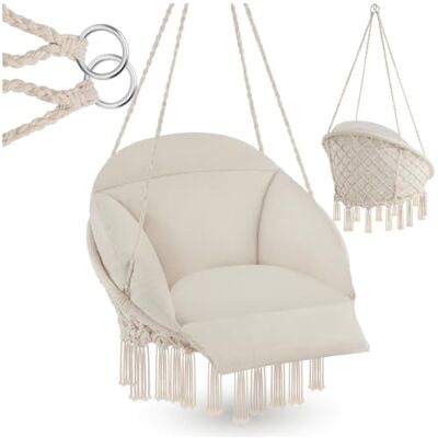 tectake ® Hängesessel, Hängeschaukel mit dicken Kissen & Quasten, Boho Hängekorb Ø 80 cm, Hängesessel mit Gestell für Garten, Balkon und Wohnzimmer, Nestschaukel Outdoor & Indoor, Gartenstuhl beige tectake ® Hängesessel, Hängeschaukel mit dicken Kissen & Quasten, Boho Hängekorb Ø 80 cm, Hängesessel mit Gestell für Garten, Balkon und Wohnzimmer, Nestschaukel Outdoor & Indoor, Gartenstuhl beige