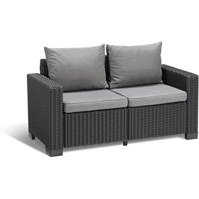 Keter Allibert by " California 2-Sitzer Gartensofa für Balkon und Terrasse, inklusive Sitzauflagen und Rückenkissen, runde Rattanoptik, Lounge Gartenmöbel, Graphit/panama cool grau, 141 x 68 x 72 cm Keter Allibert by " California 2-Sitzer Gartensofa für Balkon und Terrasse, inklusive Sitzauflagen und Rückenkissen, runde Rattanoptik, Lounge Gartenmöbel, Graphit/panama cool grau, 141 x 68 x 72 cm