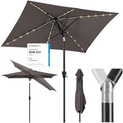 Sekey Aluminum Solar-Sonnenschirm mit LED-Beleuchtung 210x140cm, UV50+ Rechteckiger Balkon-Garten-Schirm, Solarlampe & Kurbelsystem, Cappuccino Sekey Aluminum Solar-Sonnenschirm mit LED-Beleuchtung 210x140cm, UV50+ Rechteckiger Balkon-Garten-Schirm, Solarlampe & Kurbelsystem, Cappuccino
