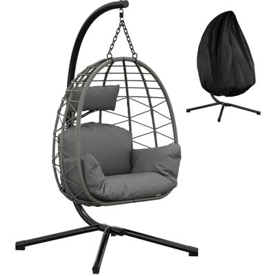 GarveeLife Hollywoodschaukel für den Außenbereich, Hängesessel mit Metallständer, 150 kg, inklusive Relaxkissen für Garten, Balkon, Terrasse, Grau GarveeLife Hollywoodschaukel für den Außenbereich, Hängesessel mit Metallständer, 150 kg, inklusive Relaxkissen für Garten, Balkon, Terrasse, Grau
