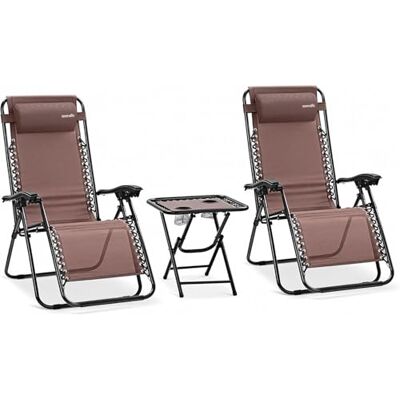SereneLife Sonnenliege Klappbar 2er Set mit Tisch, Zero Gravity Liegestuhl Garten, bis 120 kg Braun, Verstellbar und Wetterfest, mit Getränkehalter und Kopfkissen, für Balkon Strand Camping SereneLife Sonnenliege Klappbar 2er Set mit Tisch, Zero Gravity Liegestuhl Garten, bis 120 kg Braun, Verstellbar und Wetterfest, mit Getränkehalter und Kopfkissen, für Balkon Strand Camping