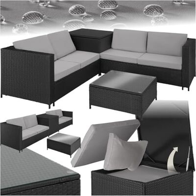 tectake Polyrattan Sitzgruppe für 4 Personen, Balkon Garnitur mit Sitzkissen, Aufbewahrungsbox draußen sowie Outdoor Couchtisch mit Glasplatte, Balkonmöbel Rattan schwarz/grau tectake Polyrattan Sitzgruppe für 4 Personen, Balkon Garnitur mit Sitzkissen, Aufbewahrungsbox draußen sowie Outdoor Couchtisch mit Glasplatte, Balkonmöbel Rattan schwarz/grau