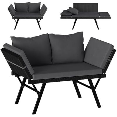 STEELSØN Elytra Rattan Gartenbank Schwarz mit Auflage, klappbar, wetterfest Loungesofa mit verstellbaren Armlehnen, Sonnenliege, Terrassensitzbank mit Liegefunktion bis 177 cm, Outdoor Gartencouch STEELSØN Elytra Rattan Gartenbank Schwarz mit Auflage, klappbar, wetterfest Loungesofa mit verstellbaren Armlehnen, Sonnenliege, Terrassensitzbank mit Liegefunktion bis 177 cm, Outdoor Gartencouch