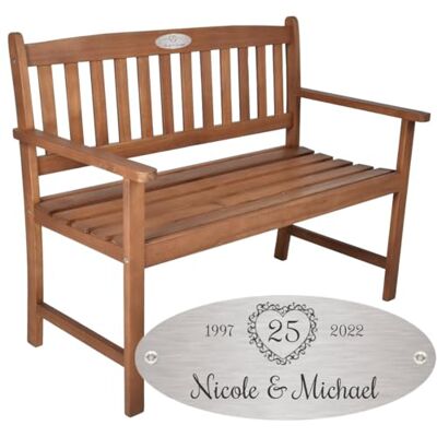 Sterngraf Silber Hochzeit Bank mit Gravur-Schild zB. Herz mit Zahl (Namen), Gartenbank Basic 110cm Akazie geölt, Edelstahlschild personalisiert Geschenk-Idee zum 25. Hochzeitstag Sterngraf Silber Hochzeit Bank mit Gravur-Schild zB. Herz mit Zahl (Namen), Gartenbank Basic 110cm Akazie geölt, Edelstahlschild personalisiert Geschenk-Idee zum 25. Hochzeitstag