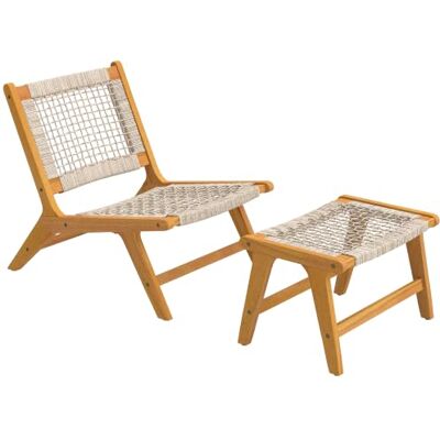Outsunny Gartensessel mit Hocker 2-Teilig Verstellbare Füße 160 kg Beige Akazienholz, Outdoor Loungesessel mit Rattan-Sitz, Boho-Stil, Polyrattan Lounge Set, Gartensessel für Garten Balkon Outsunny Gartensessel mit Hocker 2-Teilig Verstellbare Füße 160 kg Beige Akazienholz, Outdoor Loungesessel mit Rattan-Sitz, Boho-Stil, Polyrattan Lounge Set, Gartensessel für Garten Balkon