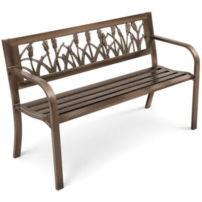 Generic Gartenbank für Terrasse und Balkon, Metallrahmen mit PVC-Rückenlehne im Blumenmuster, antikbronze Farbe Generic Gartenbank für Terrasse und Balkon, Metallrahmen mit PVC-Rückenlehne im Blumenmuster, antikbronze Farbe