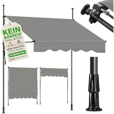 Sekey Klemmmarkise 350 cm breit, Markise Balkon ohne Bohren mit Handkurbel, 130 cm Ausfall, 0-90° neigbar, UV-beständiger Sonnenschutz & wasserdicht (280g/m²), für Balkon, Terrasse & Garten, Grau Sekey Klemmmarkise 350 cm breit, Markise Balkon ohne Bohren mit Handkurbel, 130 cm Ausfall, 0-90° neigbar, UV-beständiger Sonnenschutz & wasserdicht (280g/m²), für Balkon, Terrasse & Garten, Grau