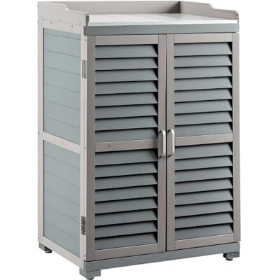 Wiltec Gartentisch mit Unterschrank und Arbeitsplatte, grau, Pflanztisch mit Schutzleisten für Gartenarbeiten, Holzschrank Werkzeugschrank Arbeitstisch für Garten Wiltec Gartentisch mit Unterschrank und Arbeitsplatte, grau, Pflanztisch mit Schutzleisten für Gartenarbeiten, Holzschrank Werkzeugschrank Arbeitstisch für Garten
