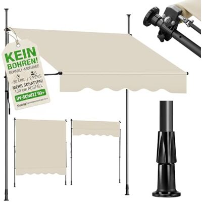 Sekey Klemmmarkise 350 cm breit, Markise Balkon ohne Bohren mit Handkurbel, 130 cm Ausfall, 0-90° neigbar, UV-beständiger Sonnenschutz & wasserdicht (280g/m²), für Balkon, Terrasse & Garten, Beige Sekey Klemmmarkise 350 cm breit, Markise Balkon ohne Bohren mit Handkurbel, 130 cm Ausfall, 0-90° neigbar, UV-beständiger Sonnenschutz & wasserdicht (280g/m²), für Balkon, Terrasse & Garten, Beige