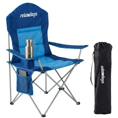 Relaxdays Camping Stuhl, faltbar, Tragetasche, Getränkehalter, 160 kg, Klappstuhl gepolstert, Polyester, Metall, blau Relaxdays Camping Stuhl, faltbar, Tragetasche, Getränkehalter, 160 kg, Klappstuhl gepolstert, Polyester, Metall, blau