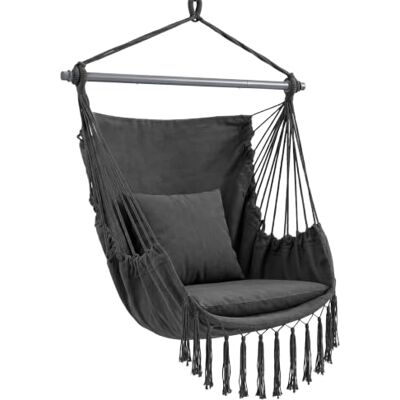 Sekey Hängesessel mit 2 Kissen & Seitentasche Boho Hängestuhl bis 120 kg Robuste Metallstange & Anti-Rutsch-Ringe Atmungsaktive Hängeschaukel für Indoor, Balkon & Garten, Anthrazit Sekey Hängesessel mit 2 Kissen & Seitentasche Boho Hängestuhl bis 120 kg Robuste Metallstange & Anti-Rutsch-Ringe Atmungsaktive Hängeschaukel für Indoor, Balkon & Garten, Anthrazit