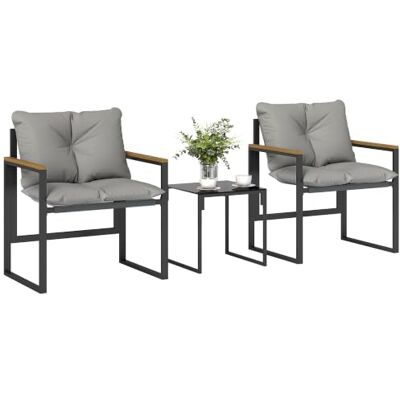 Outsunny Garten Lounge 3-teilig 2 Sessel 1 Couchtisch Grau Gehärtete Glastischplatte, dicke Polster, Metall, Textilene, für Terrasse Balkon Veranda. Outsunny Garten Lounge 3-teilig 2 Sessel 1 Couchtisch Grau Gehärtete Glastischplatte, dicke Polster, Metall, Textilene, für Terrasse Balkon Veranda.