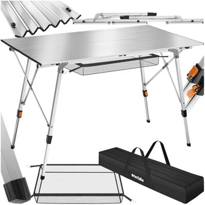 tectake ® Campingtisch, Klapptisch aus Aluminium, aufrollbare XXL Tischplatte, Campingtisch faltbar, Reisetisch, Gartentisch, wetterfest, höhenverstellbare Beine, Tragetasche, 120 x 70,5cm Silber tectake ® Campingtisch, Klapptisch aus Aluminium, aufrollbare XXL Tischplatte, Campingtisch faltbar, Reisetisch, Gartentisch, wetterfest, höhenverstellbare Beine, Tragetasche, 120 x 70,5cm Silber