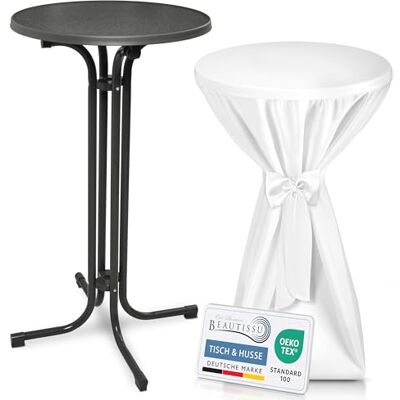 Beautissu Grauer Stehtisch klappbar mit Premium Stehtischhusse Outdoor 60cm Weiß wetterbeständig kratzfest UV-beständig Husse rutschfest waschbar mit Schleifenband Bistrotisch rund Party Bellini Beautissu Grauer Stehtisch klappbar mit Premium Stehtischhusse Outdoor 60cm Weiß wetterbeständig kratzfest UV-beständig Husse rutschfest waschbar mit Schleifenband Bistrotisch rund Party Bellini