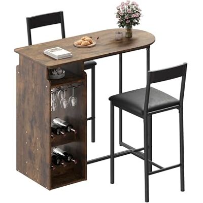 Garvee Bar-Tisch und Stühle für 2 Personen, platzsparender Esstisch mit dreistufigem Weinregal und Glashalter, Vintage-Braun-Finish, für Küche, Esszimmer oder Hausbar Garvee Bar-Tisch und Stühle für 2 Personen, platzsparender Esstisch mit dreistufigem Weinregal und Glashalter, Vintage-Braun-Finish, für Küche, Esszimmer oder Hausbar