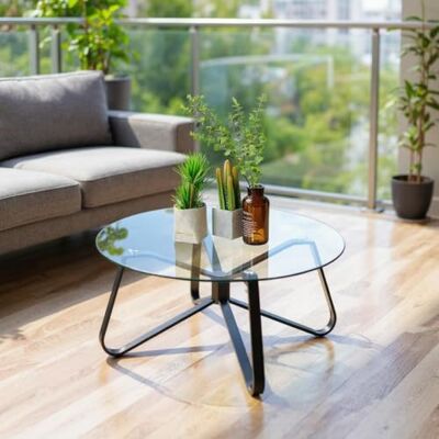 FurnitureR Garten-Servicetische, rundes minimalistisches Design mit Tischplatte aus Hartglas, 80 cm, Couchtisch aus Metall für Garten/Balkon/Terrasse/Bistro/Terrasse, 80 x 80 x 40 cm FurnitureR Garten-Servicetische, rundes minimalistisches Design mit Tischplatte aus Hartglas, 80 cm, Couchtisch aus Metall für Garten/Balkon/Terrasse/Bistro/Terrasse, 80 x 80 x 40 cm