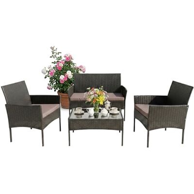 Relaxdays Gartenmöbel Set, 4-TLG. Rattan Sitzgruppe, 4 Personen, Bank, Sessel & Glastisch, Loungemöbel, Outdoor, Farben Relaxdays Gartenmöbel Set, 4-TLG. Rattan Sitzgruppe, 4 Personen, Bank, Sessel & Glastisch, Loungemöbel, Outdoor, Farben