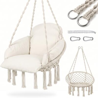 Sekey Hängesessel mit großem Kissen, Indoor & Outdoor, bis 150kg Großzügiges Rundum-Kissen, Ø 22mm Stahlrahmen, 150kg Tragkraft, inkl. Verlängerungskette, platzsparend, Boho-Design Sekey Hängesessel mit großem Kissen, Indoor & Outdoor, bis 150kg Großzügiges Rundum-Kissen, Ø 22mm Stahlrahmen, 150kg Tragkraft, inkl. Verlängerungskette, platzsparend, Boho-Design