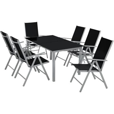 tectake ® Sitzgarnitur Aluminium Klappstühle, Lounge Set mit 6X Stühle und 1x Glastisch Esstisch, Gartenmöbel Set wetterfest für den Balkon, Gartenstühle, Terrassenmöbel, Liegestuhl Silber tectake ® Sitzgarnitur Aluminium Klappstühle, Lounge Set mit 6X Stühle und 1x Glastisch Esstisch, Gartenmöbel Set wetterfest für den Balkon, Gartenstühle, Terrassenmöbel, Liegestuhl Silber