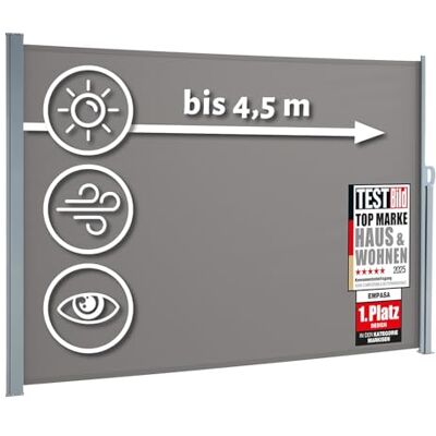 empasa Seitenmarkise Start 2.0 Sichtschutz Sonnenschutz Windschutz Markise ausziehbar für Garten, Balkon und Terrasse, mit Standfuß, Farbe:grau, Größe:180 x 450 cm empasa Seitenmarkise Start 2.0 Sichtschutz Sonnenschutz Windschutz Markise ausziehbar für Garten, Balkon und Terrasse, mit Standfuß, Farbe:grau, Größe:180 x 450 cm