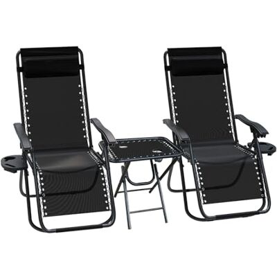 VOUNOT 2 Liegestuhl mit Klapptisch, Getränkehalter, Gartenstuhl, faltbar, aus Textilene, mit Kopfpolster, max. Belastung 120 kg, Schwarz, Lot de 2 Avec Table VOUNOT 2 Liegestuhl mit Klapptisch, Getränkehalter, Gartenstuhl, faltbar, aus Textilene, mit Kopfpolster, max. Belastung 120 kg, Schwarz, Lot de 2 Avec Table