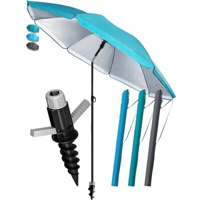 4smile Sonnenschirm Strand Ø 180 cm mit Bodenhülse, 3-IN-1-SET, Türkis UPF 50+ Strandschirm + Sonnenschirm Schutzhülle + Sonnenschirm Bodenhülse Strandschirm windfest stabil, Sonnenschutz Strand 4smile Sonnenschirm Strand Ø 180 cm mit Bodenhülse, 3-IN-1-SET, Türkis UPF 50+ Strandschirm + Sonnenschirm Schutzhülle + Sonnenschirm Bodenhülse Strandschirm windfest stabil, Sonnenschutz Strand