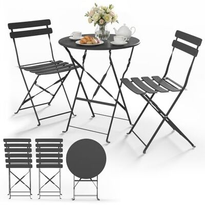 VOUNOT ® Bistroset 3-teilig, Klappbar Bistrotisch mit 2 Stühlen, Metall Bistro Set Outdoor, Gartenmöbel Set, Sitzgruppe für Balkon, Terrasse, Garten & Wohnraum, UV- und wetterfest, Grau VOUNOT ® Bistroset 3-teilig, Klappbar Bistrotisch mit 2 Stühlen, Metall Bistro Set Outdoor, Gartenmöbel Set, Sitzgruppe für Balkon, Terrasse, Garten & Wohnraum, UV- und wetterfest, Grau