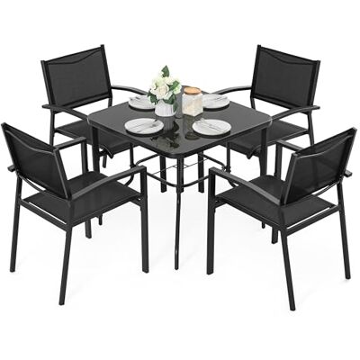 Avestar 5-teiliges Gartenmöbel Set, Garten-Essset für 4 Personen, 4 stapelbaren Terrassenstühlen und 1 quadratischem Esstisch mit Sonnenschirmloch, Tischplatte aus gehärtetem Glas, schwarz Avestar 5-teiliges Gartenmöbel Set, Garten-Essset für 4 Personen, 4 stapelbaren Terrassenstühlen und 1 quadratischem Esstisch mit Sonnenschirmloch, Tischplatte aus gehärtetem Glas, schwarz