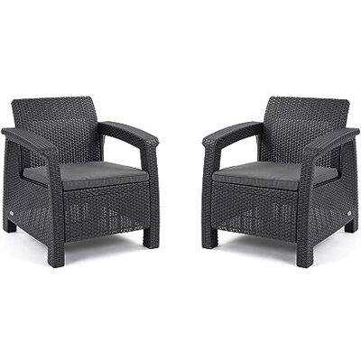 Keter Allibert by Corfu 2er Set Gartensessel aus Kunststoff, inkl. Outdoor Kissen, für Garten und Balkon, graphit / hell grau, 75 x 70 x 79cm pro Stuhl Keter Allibert by Corfu 2er Set Gartensessel aus Kunststoff, inkl. Outdoor Kissen, für Garten und Balkon, graphit / hell grau, 75 x 70 x 79cm pro Stuhl