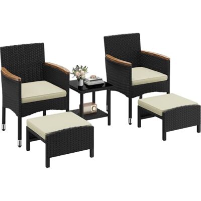 Yaheetech 5er Set Rattan Gartenmöbel Balkonmöbel Terassenmöbel Außen Kleiner Balkon mit 2 Einzelsofas & 2 Fußhocker & 1 Kaffeetisch, Schwarz & Beige Yaheetech 5er Set Rattan Gartenmöbel Balkonmöbel Terassenmöbel Außen Kleiner Balkon mit 2 Einzelsofas & 2 Fußhocker & 1 Kaffeetisch, Schwarz & Beige