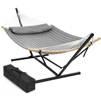 Sekey XXL Hängematte mit Gestell für 2 Personen, 140 x 200 cm Gesteppte Doppelhängematte, höhenverstellbar, bis 200 kg belastbar, mit Kissen & Tragetasche, für Garten Balkon Terrasse, Grau Sekey XXL Hängematte mit Gestell für 2 Personen, 140 x 200 cm Gesteppte Doppelhängematte, höhenverstellbar, bis 200 kg belastbar, mit Kissen & Tragetasche, für Garten Balkon Terrasse, Grau