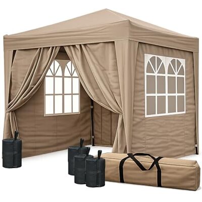 QUICK STAR Faltpavillon 2 x 2 m Braunbeige mit 4 Fußgewichten, 4 Easy-Klett Seitenwände (2 Reißverschlüsse, 2 Fenster), Pop Up Pavillon Faltbar, mit Tragetasche QUICK STAR Faltpavillon 2 x 2 m Braunbeige mit 4 Fußgewichten, 4 Easy-Klett Seitenwände (2 Reißverschlüsse, 2 Fenster), Pop Up Pavillon Faltbar, mit Tragetasche