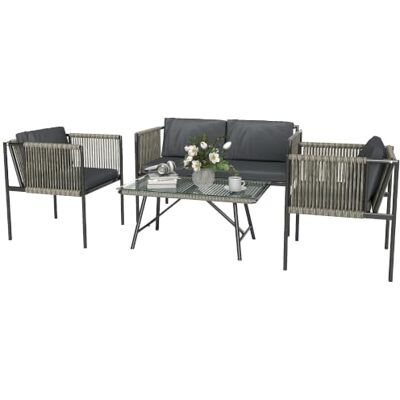 Outsunny Gartenmöbel Set aus Polyrattan mit 2er Sofa für 4 Personen Grau Lounge-Set, Sessel, Glastisch, Kissen, Wetterfest, Balkonmöbel, Outdoor Sitzgruppe, Terrassenmöbel, für Garten Balkon Outsunny Gartenmöbel Set aus Polyrattan mit 2er Sofa für 4 Personen Grau Lounge-Set, Sessel, Glastisch, Kissen, Wetterfest, Balkonmöbel, Outdoor Sitzgruppe, Terrassenmöbel, für Garten Balkon