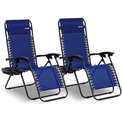 SereneLife Sonnenliege Klappbar 2er Set, Zero Gravity Liegestuhl Garten, bis 120 kg Blau, Verstellbar und Wetterfest, mit Getränkehalter und Kopfstütze, für Balkon Terrasse Strand Relax SereneLife Sonnenliege Klappbar 2er Set, Zero Gravity Liegestuhl Garten, bis 120 kg Blau, Verstellbar und Wetterfest, mit Getränkehalter und Kopfstütze, für Balkon Terrasse Strand Relax