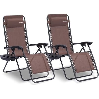 SereneLife Sonnenliege Klappbar 2er Set, Zero Gravity Liegestuhl Garten, bis 120 kg Braun, Verstellbar und Wetterfest, mit Tisch Getränkehalter und Kopfkissen, für Balkon Terrasse Strand Camping Relax SereneLife Sonnenliege Klappbar 2er Set, Zero Gravity Liegestuhl Garten, bis 120 kg Braun, Verstellbar und Wetterfest, mit Tisch Getränkehalter und Kopfkissen, für Balkon Terrasse Strand Camping Relax