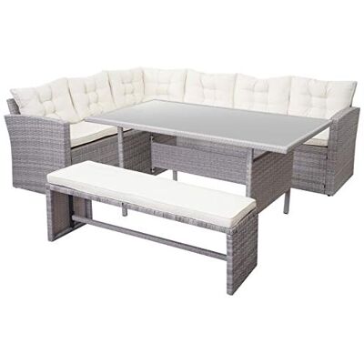 Mendler Poly-Rattan-Garnitur HWC-A29 hellgrau, Kissen Creme Gartengarnitur, Sitzgruppe, Lounge-Esstisch-Set, Sofa, + Bank Mendler Poly-Rattan-Garnitur HWC-A29 hellgrau, Kissen Creme Gartengarnitur, Sitzgruppe, Lounge-Esstisch-Set, Sofa, + Bank
