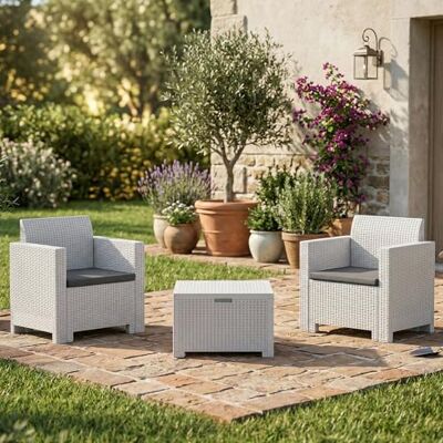 Dmora Loungeset für draußen Neptune, Outdoor-Lounge mit Couchtisch, Terrassenset mit Kissen, Gartenkomposition mit Sofa und Sesseln, Made in Italy, Weiß Dmora Loungeset für draußen Neptune, Outdoor-Lounge mit Couchtisch, Terrassenset mit Kissen, Gartenkomposition mit Sofa und Sesseln, Made in Italy, Weiß