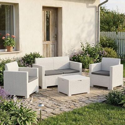 Dmora Loungeset für draußen Venere, Outdoor-Lounge mit Couchtisch, Terrassenset mit Kissen, Gartenkomposition mit Sofa und Sesseln, Made in Italy, Weiß Dmora Loungeset für draußen Venere, Outdoor-Lounge mit Couchtisch, Terrassenset mit Kissen, Gartenkomposition mit Sofa und Sesseln, Made in Italy, Weiß