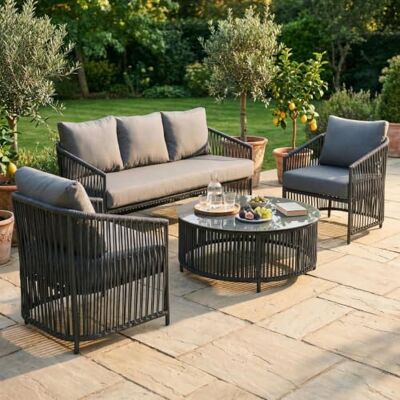 IDIMEX Outdoor Sofa Set KULO 4-teilig, grau – Lounge-Set aus Aluminium mit Rope-Bespannung, Couchtisch mit Glasplatte, inklusive 5 bequemer Kissen, wetterfest für Balkon Terrasse Garten IDIMEX Outdoor Sofa Set KULO 4-teilig, grau – Lounge-Set aus Aluminium mit Rope-Bespannung, Couchtisch mit Glasplatte, inklusive 5 bequemer Kissen, wetterfest für Balkon Terrasse Garten